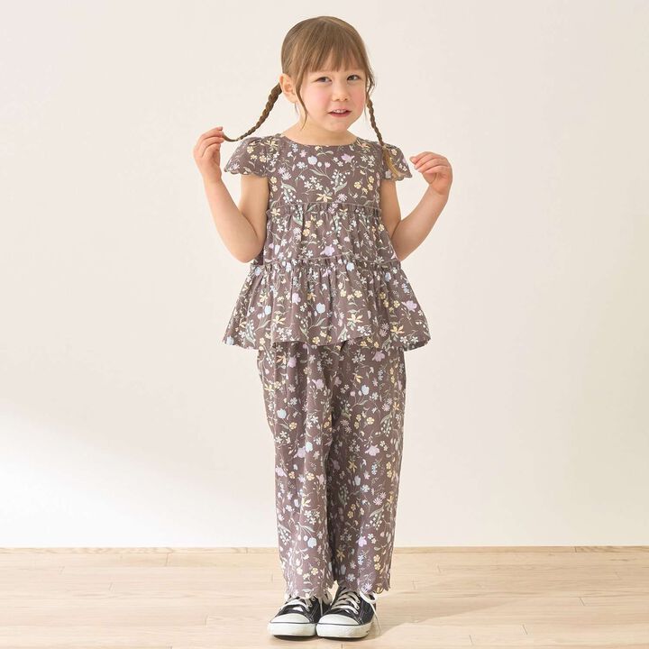 Assorted All-Over Pattern Tiered Blouse & Scallop Trim Pants Set,Dark brown, medium image number 0