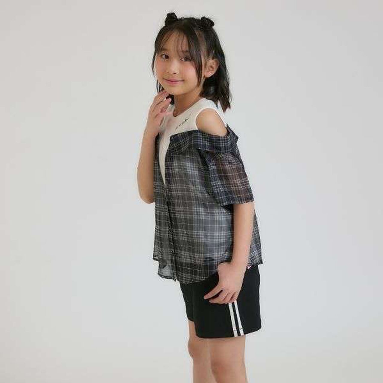 Shoulder Cutout Sheer Check Docking Shirt,Off white, large image number 14
