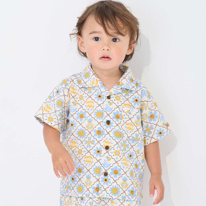 [Link] Cotton Rayon All-Over Pattern Open-Collar Shirt,, medium