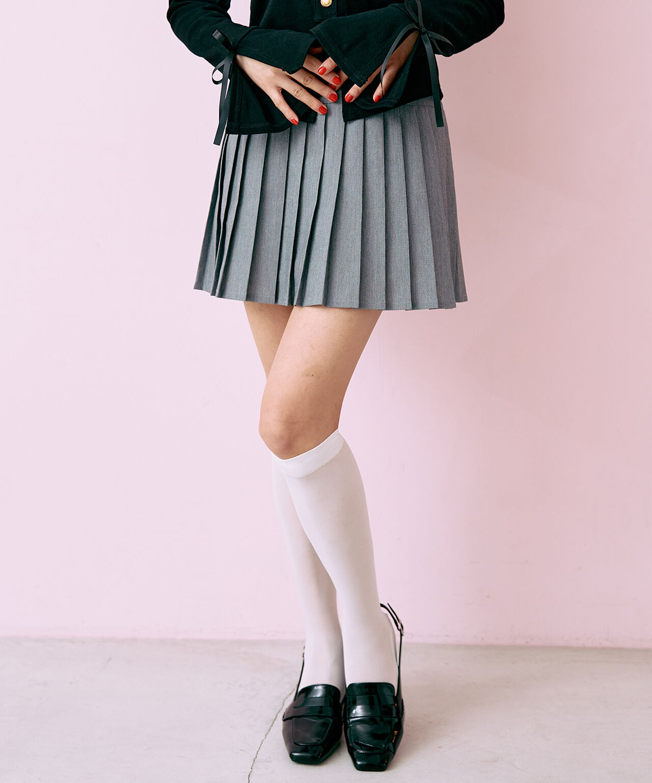 Logo Plate Pleated Skirt [Korean Fashion],Gray, large image number 0