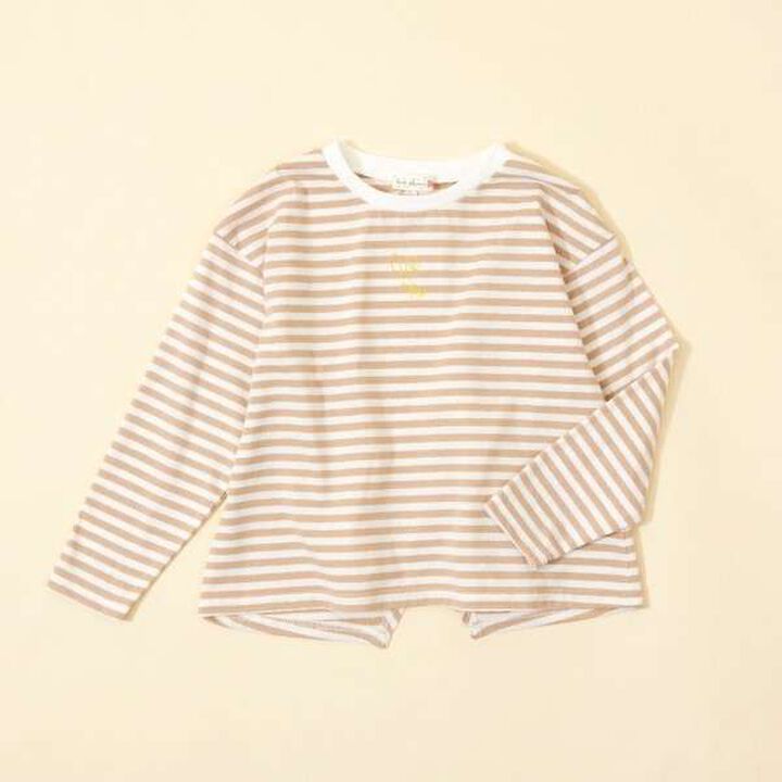 KP Coucou Long-Sleeve Stripe Pattern T-Shirt with Single-Point Embroidery [80-140],Beige, medium image number 2