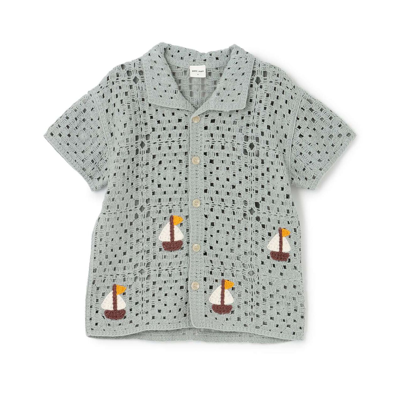 Black Crochet Open-Collar Shirt,Pearl white, large image number 6