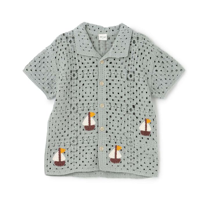 Black Crochet Open-Collar Shirt,Pearl white, medium image number 6