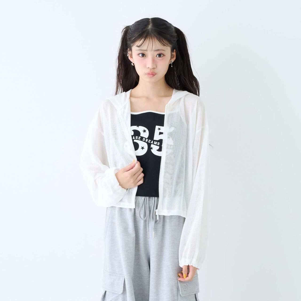 [LTXC/Antibacterial Deodorizing] Mesh Hoodie with Camisole,Black, large image number 2