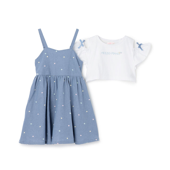 Shoulder Opening Short Sleeve T-Shirt & Star Camisole Dress Set,Sax blue, medium image number 2