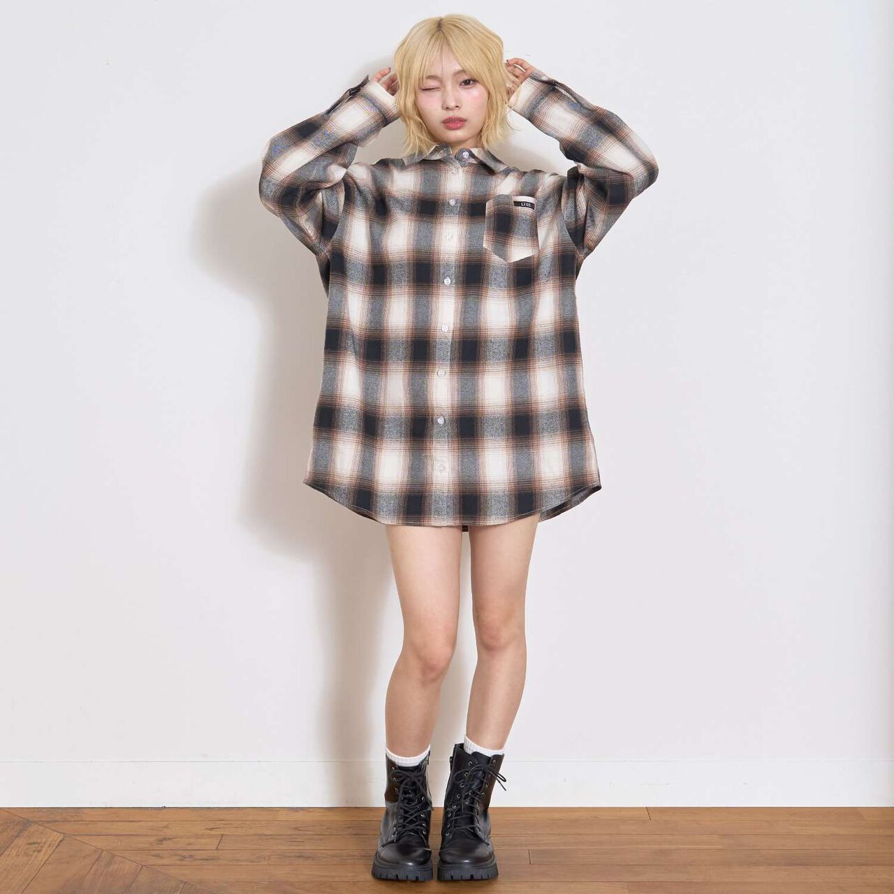 [LTXC] 100% Cotton Checkered Loose Shirt Dress,Black, large image number 2