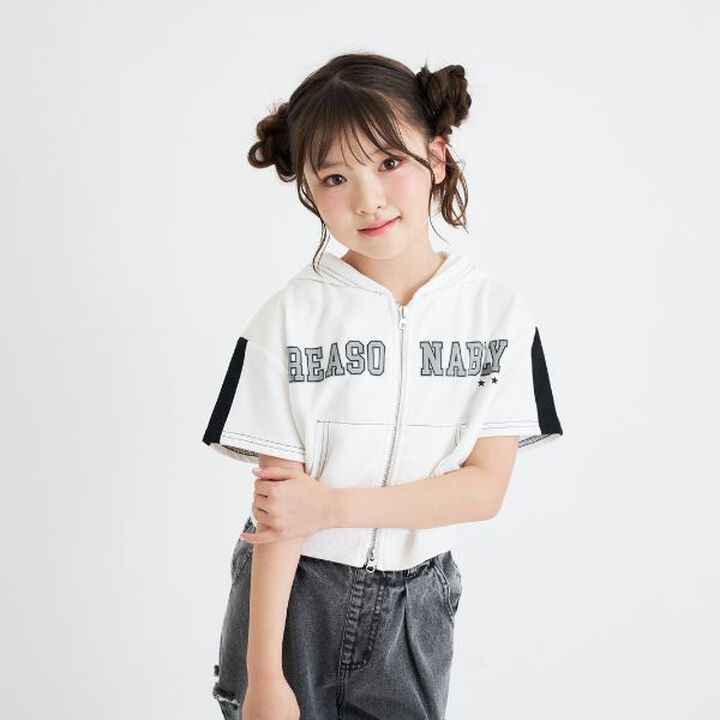 Double ZIP Mini French Terry Short-Sleeve Hoodie,Off white, medium image number 14