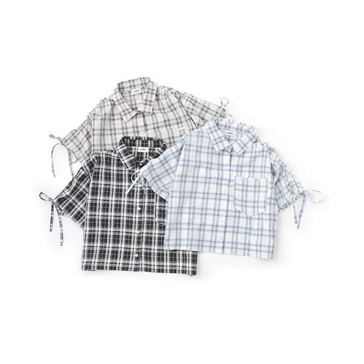Drawstring Short-Sleeve Checkered Shirt,Blue, large image number 5