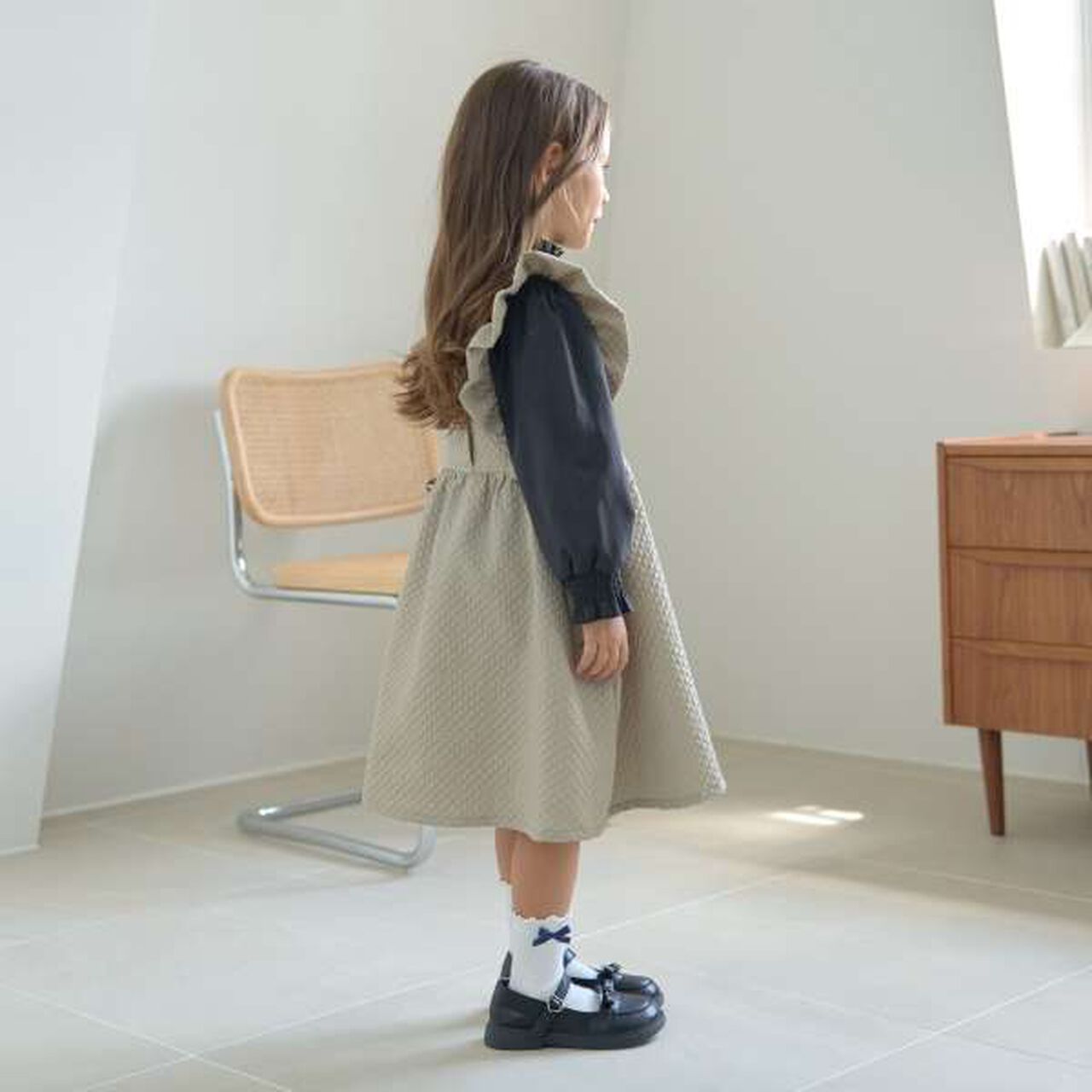 Frill Apron One-Piece Dress,Moss green, large image number 3