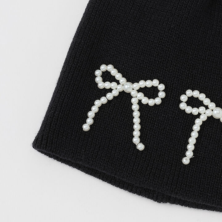 Knit Cap with Pearl Ribbon,Black, medium image number 2