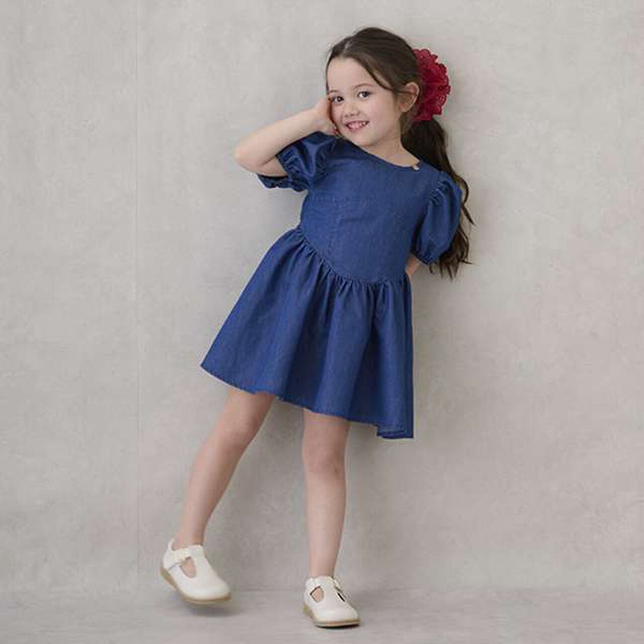 Puff Sleeve Peplum One-Piece Dress,Blue, large image number 0