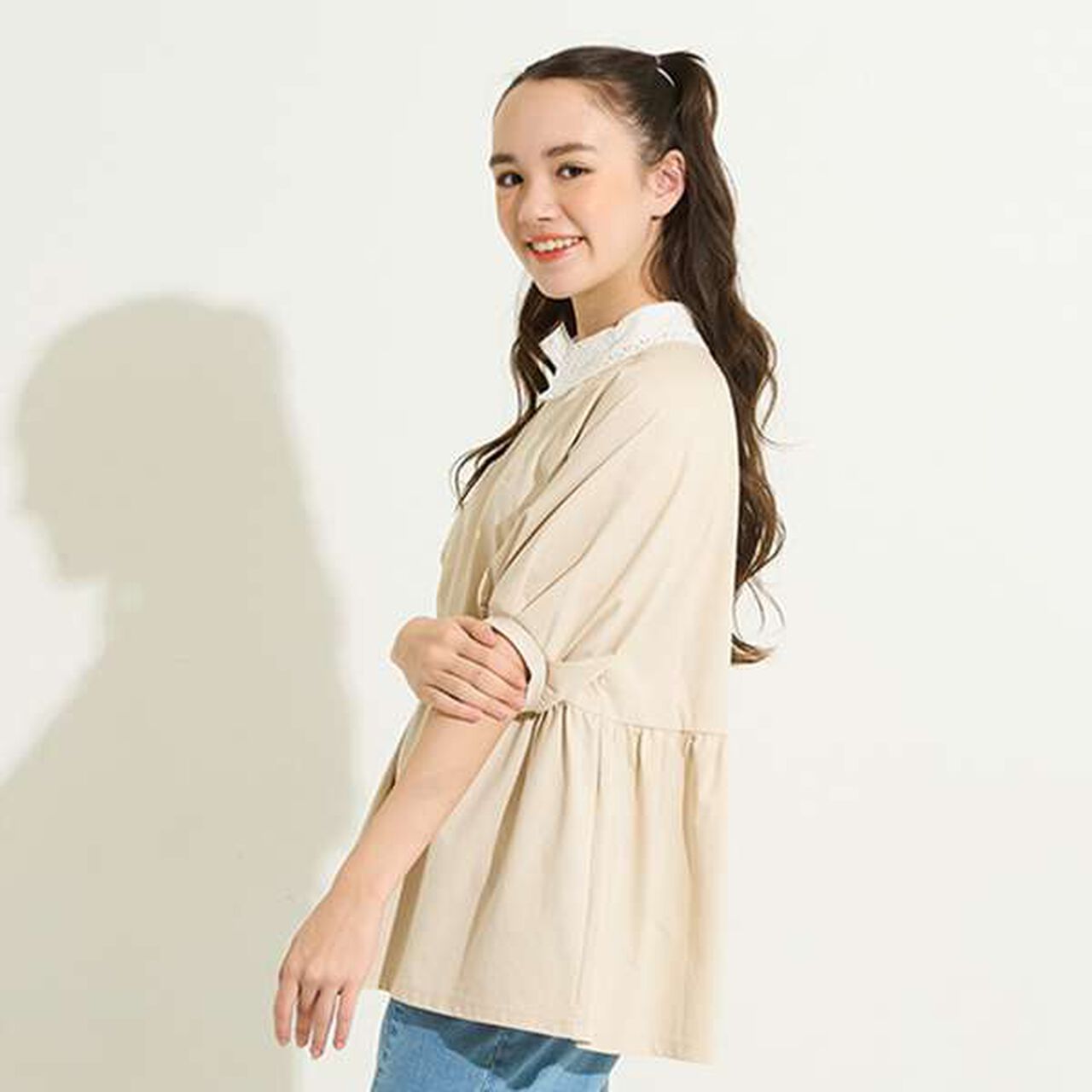 [AMI] Cool Touch Embroidered Collar Peplum Pullover,Black, large image number 5