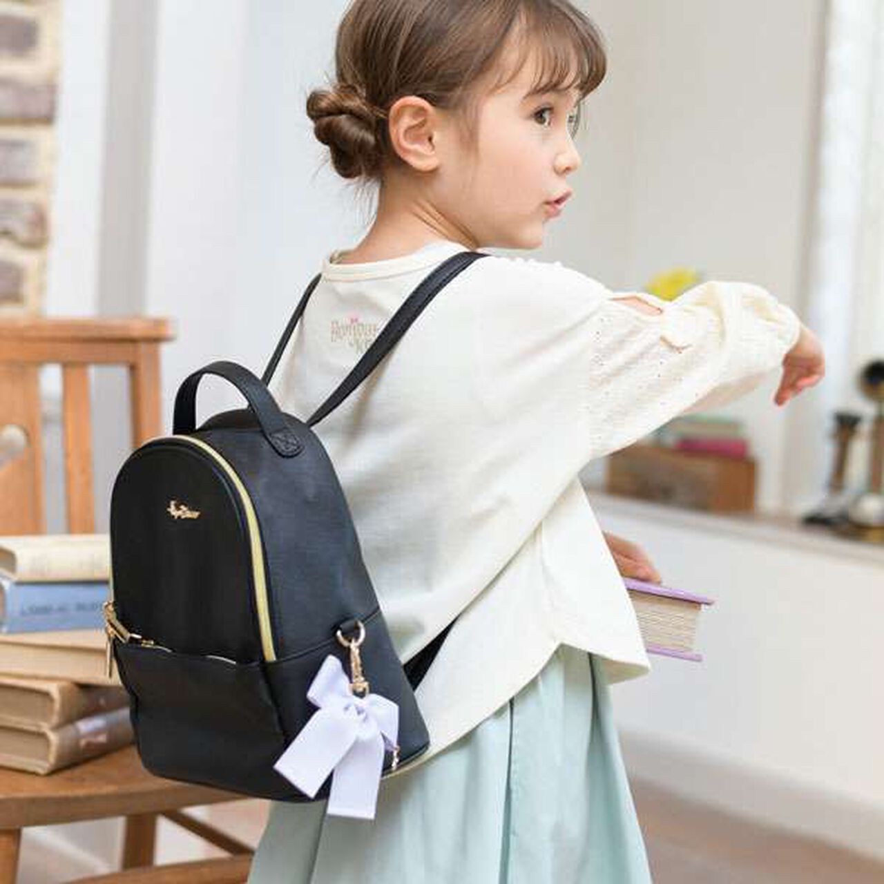 Backpack with Ribbon Charm,Black, large image number 2