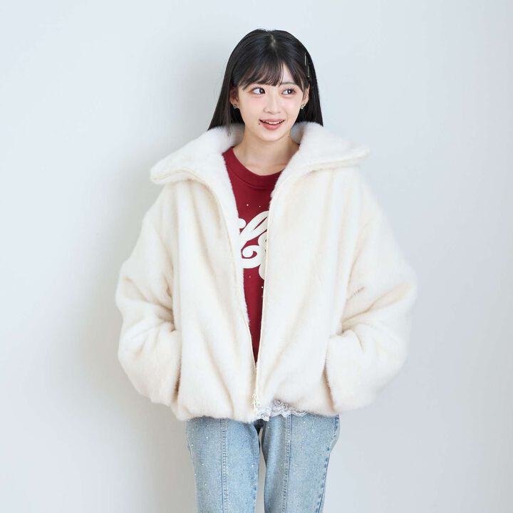 Double Zipper Faux Fur Bomber Jacket,Off white, medium image number 2