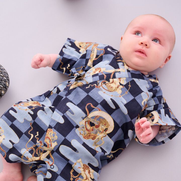 Jinbei All-in-One (Checkered Wind God & Thunder God Pattern),Navy, medium image number 2