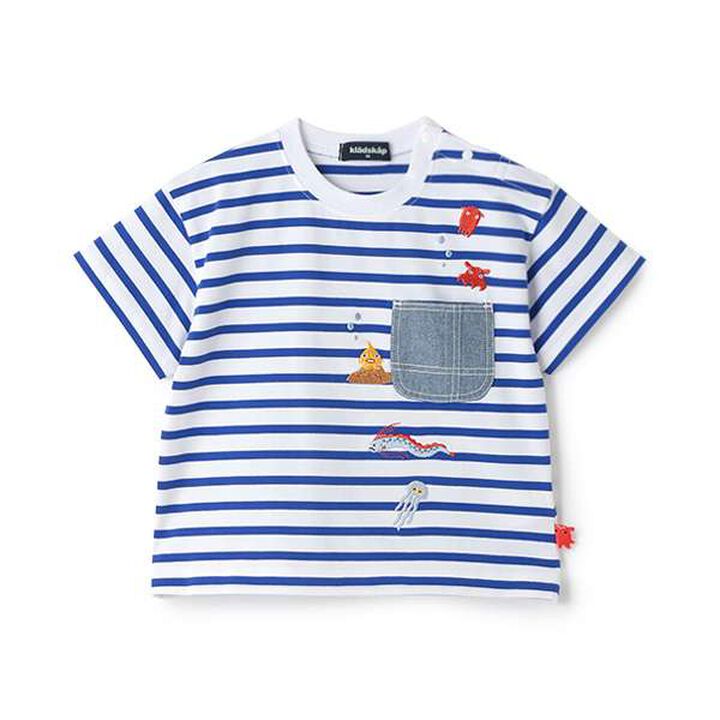 Deep Sea Embroidery Stripe Short Sleeve T-Shirt,Royal blue, medium image number 3