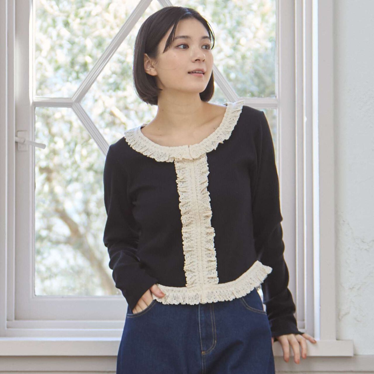 Parent-Child Matching Lace Frill Ribbed Long-Sleeve T-Shirt,Black, large image number 0