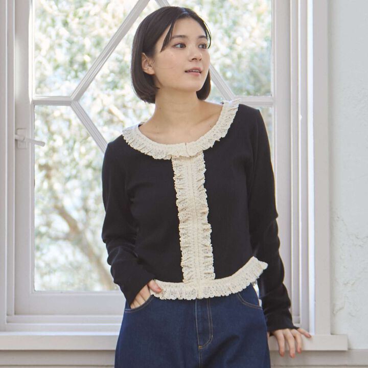 Parent-Child Matching Lace Frill Ribbed Long-Sleeve T-Shirt,Black, medium image number 0