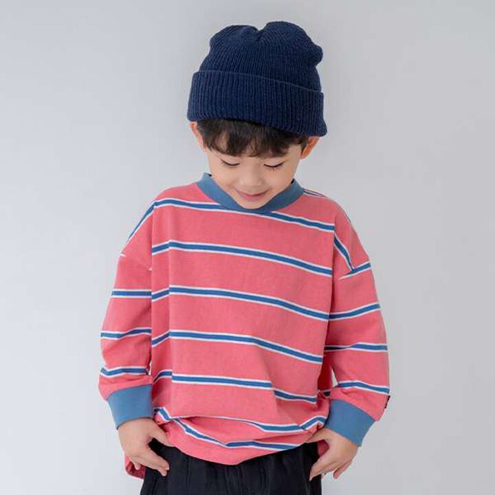 Multi Stripe Pattern Ribbed Sleeve Big Long T-Shirt,Beige, medium image number 1