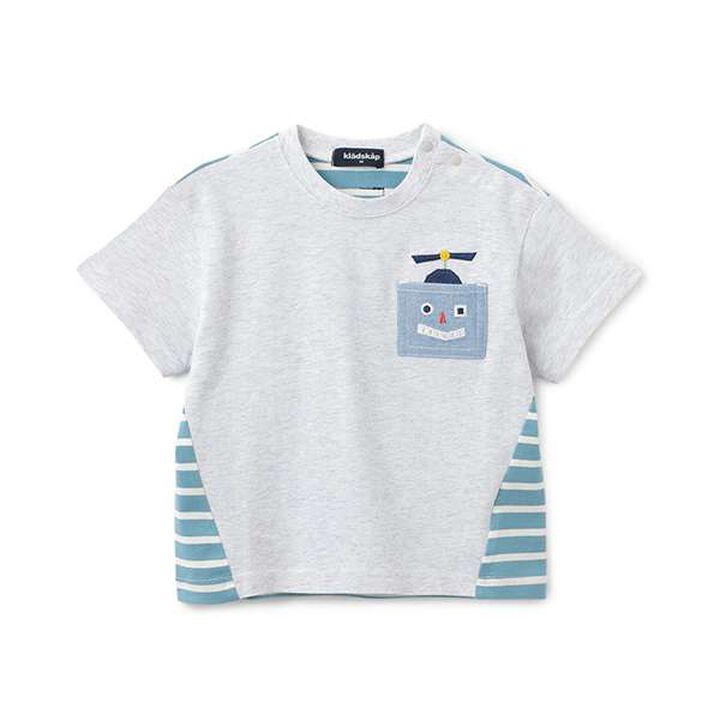 Robot Pocket Stripe Pattern Short Sleeve T-Shirt,Smoke white, medium image number 0