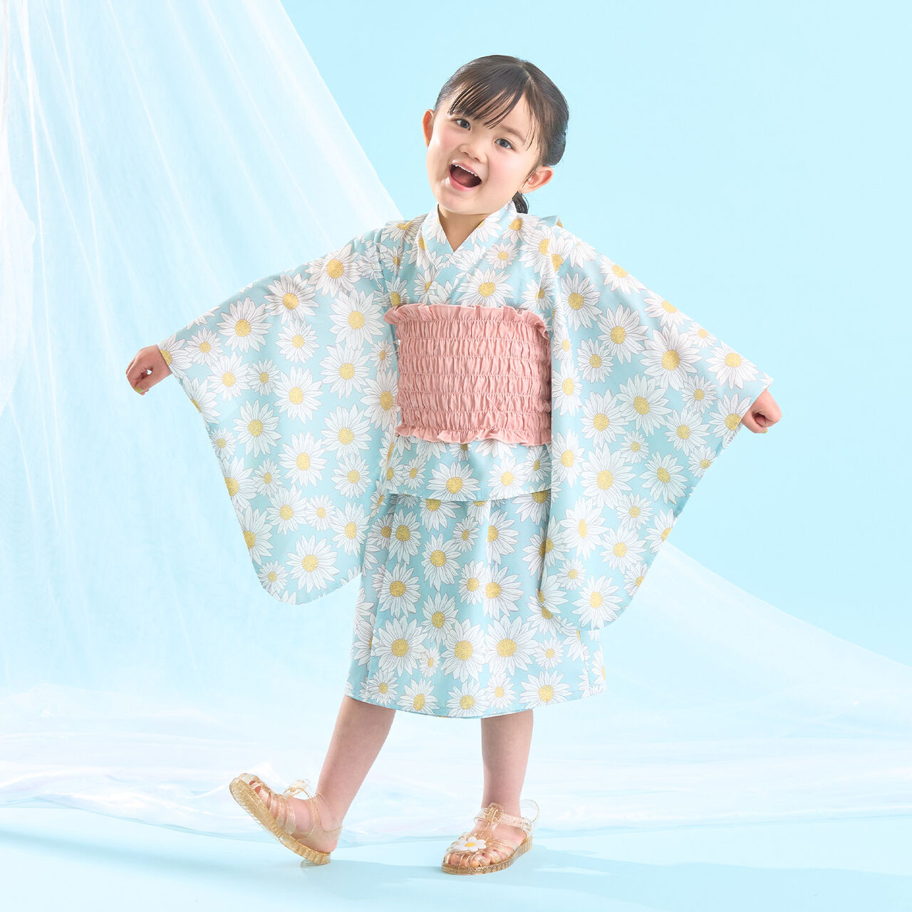 [Easy Wear♪] [Cool Touch] 4-Way Separate Yukata with Obi (OHANA) [Kids Girls],Coral red, large image number 33