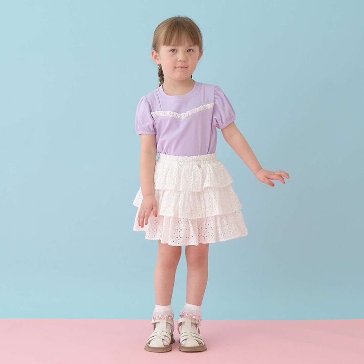 [100% Cotton] Cotton Lace Tiered Skirt with Inner Shorts [Kids Girls],Pearl white, medium image number 13