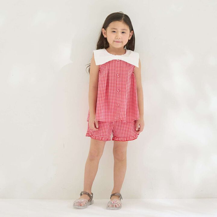 Ribbon Collar Blouse & Hem Frill Half Pants Set [Kids Girls],Red, medium image number 0