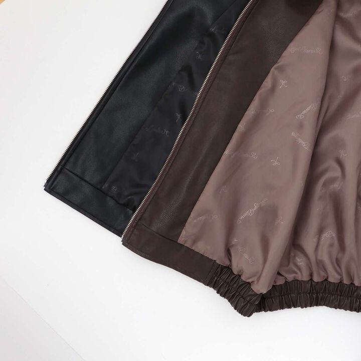 Ribbon Appliqué Faux Leather Jacket (with Faux Fur Collar),Dark brown, medium image number 7