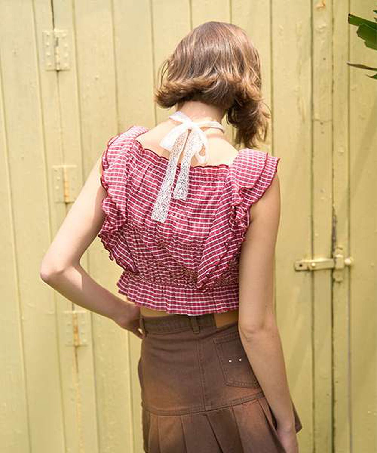 Frill Sleeve Checkered Blouse [Korean Fashion],Black, large image number 2