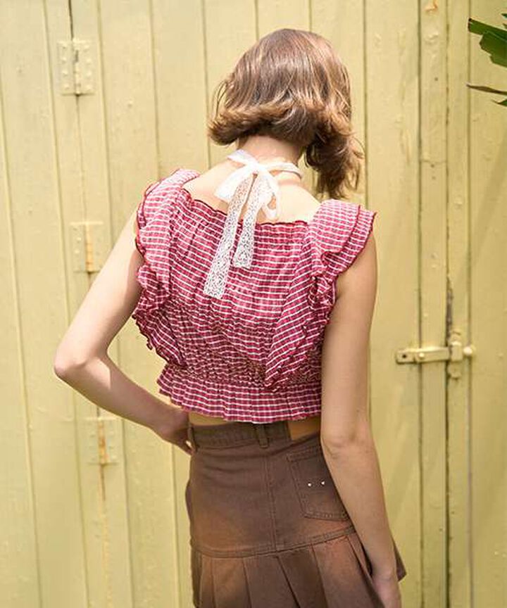 Frill Sleeve Checkered Blouse [Korean Fashion],Black, medium image number 2