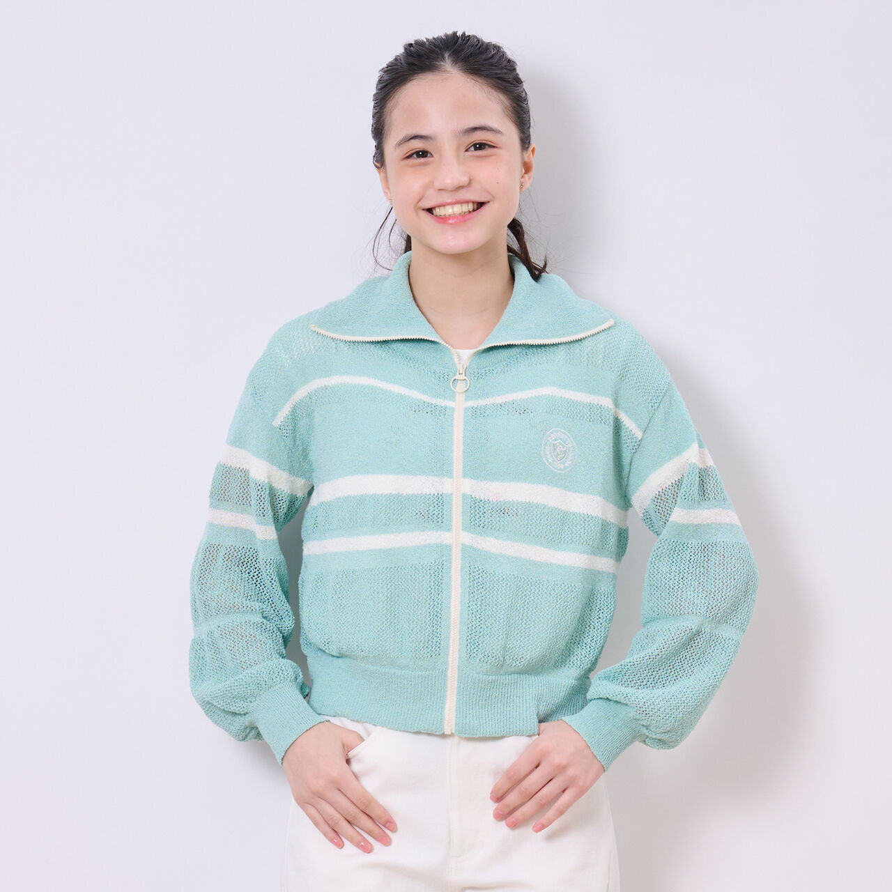 Mesh Knit ZIP Cardigan,Emerald green, large image number 0