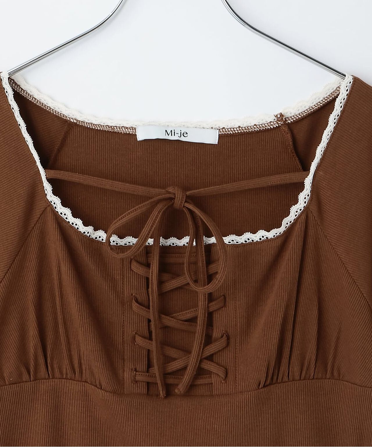Lace-Up Ribbed Short-Sleeve T-Shirt,Brown, large image number 2