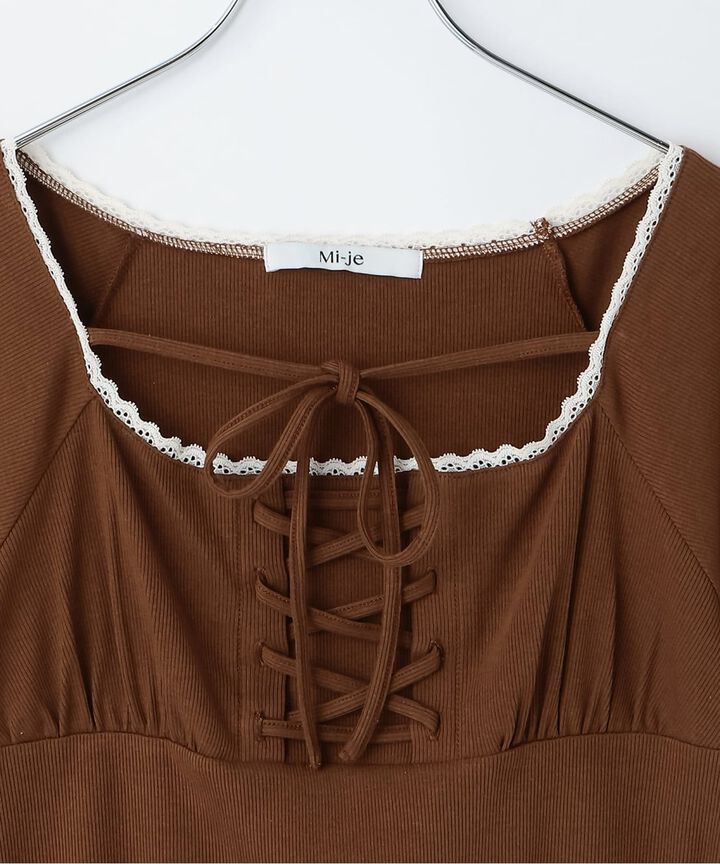 Lace-Up Ribbed Short-Sleeve T-Shirt,Brown, medium image number 2