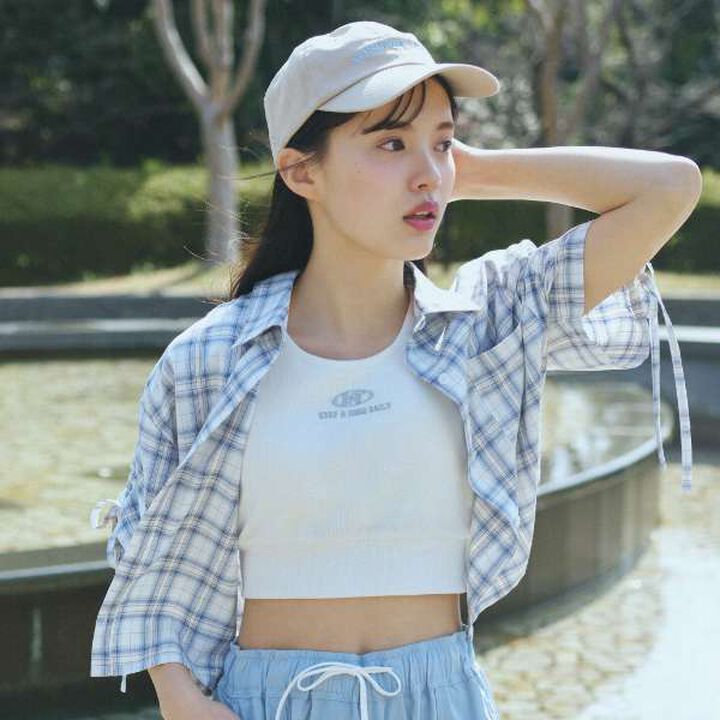 Drawstring Short-Sleeve Checkered Shirt,Blue, medium image number 0