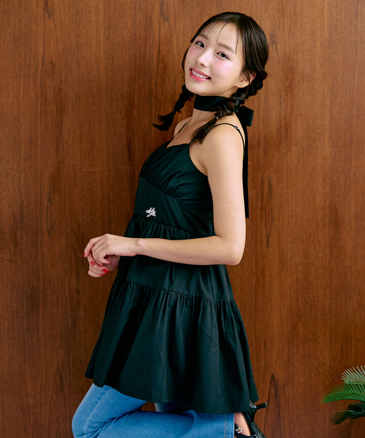 Tie-Front Gathered One-Piece Dress [Korean Fashion],Black, medium image number 2