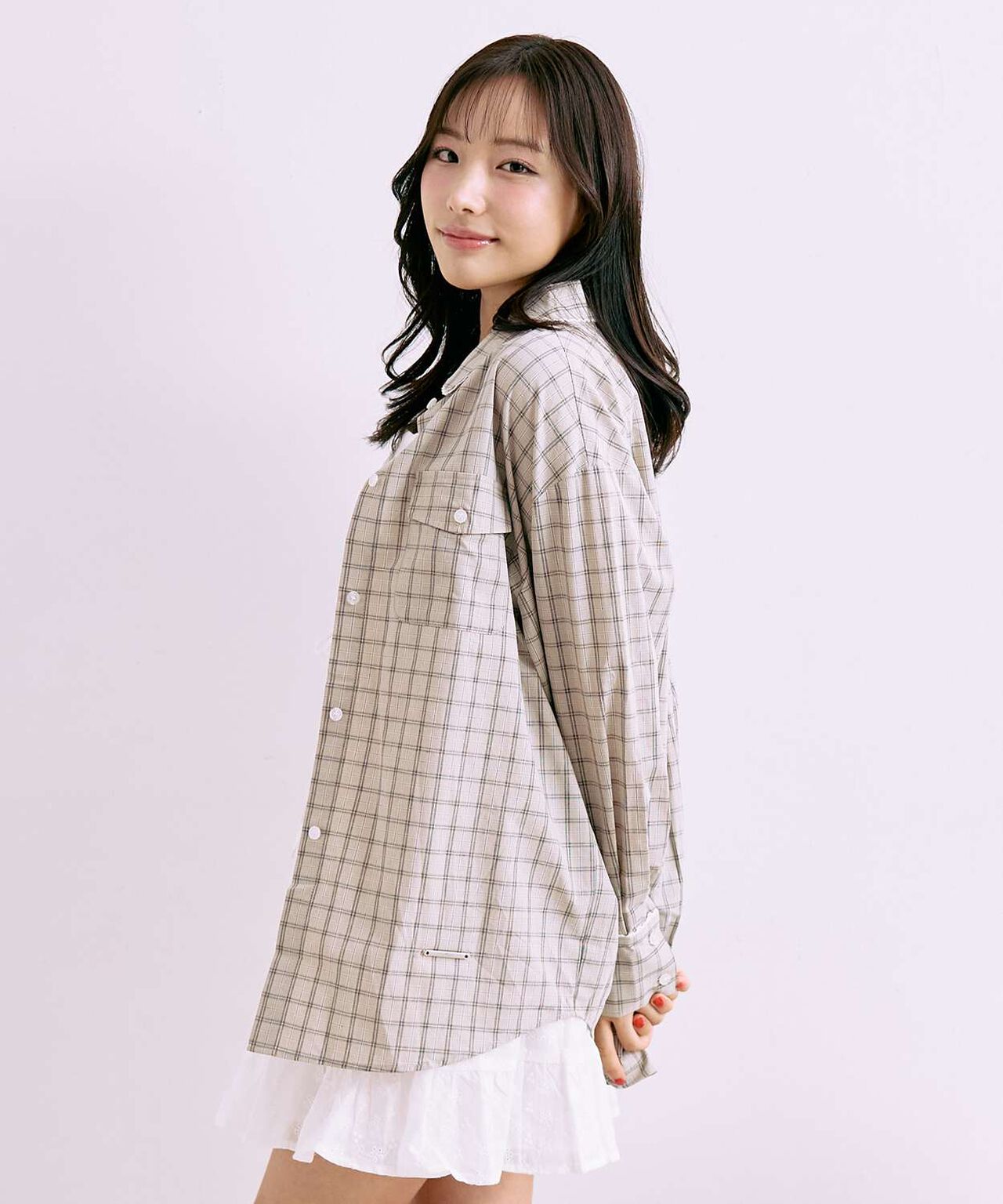 Checkered Shirt with Logo Plate [Korean Fashion],Gray, large image number 1
