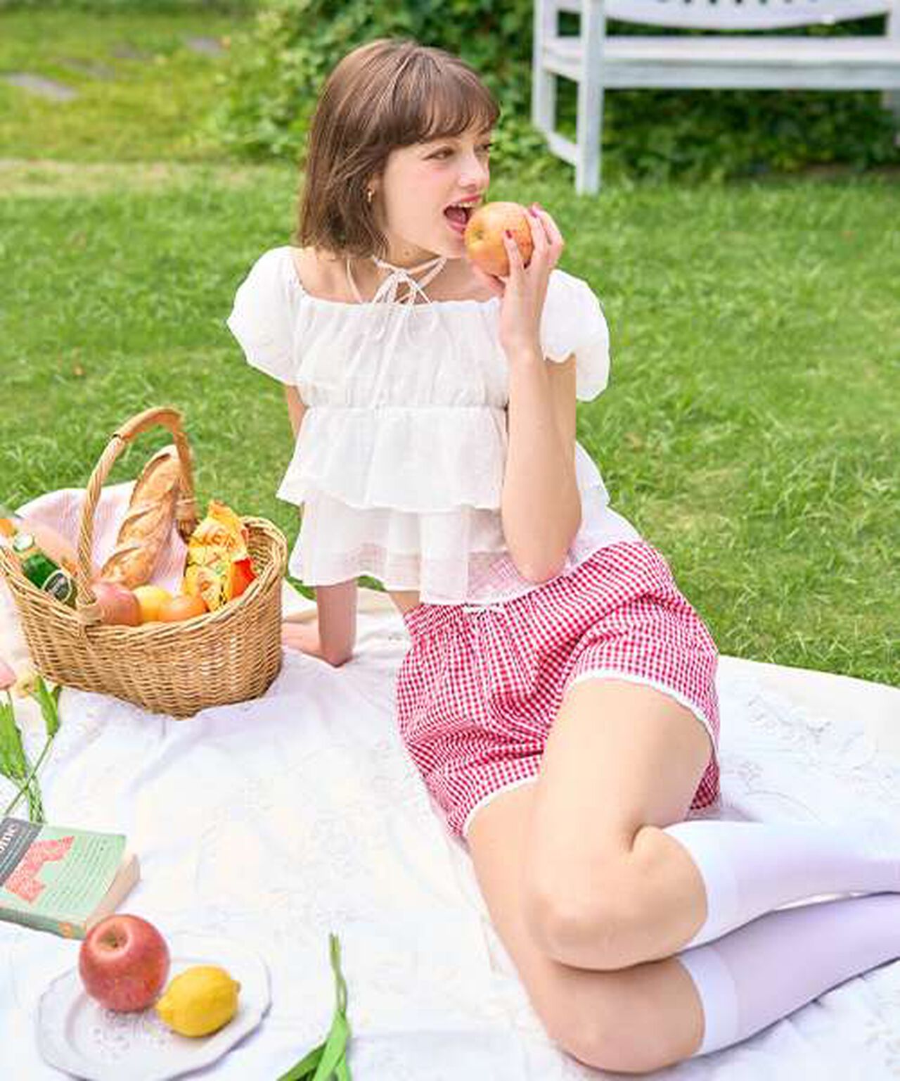 Tiered Sheer Checkered Blouse [Korean Fashion],Off white, large image number 0