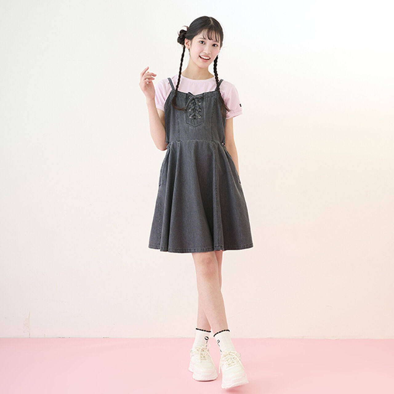 [Cool Touch] Side Slit Lace-Up Jumper Skirt Set,Blue, large image number 9