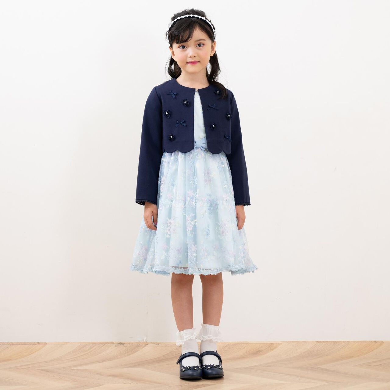 Flower Motif Scalloped Hem Jacket,Navy, large image number 15