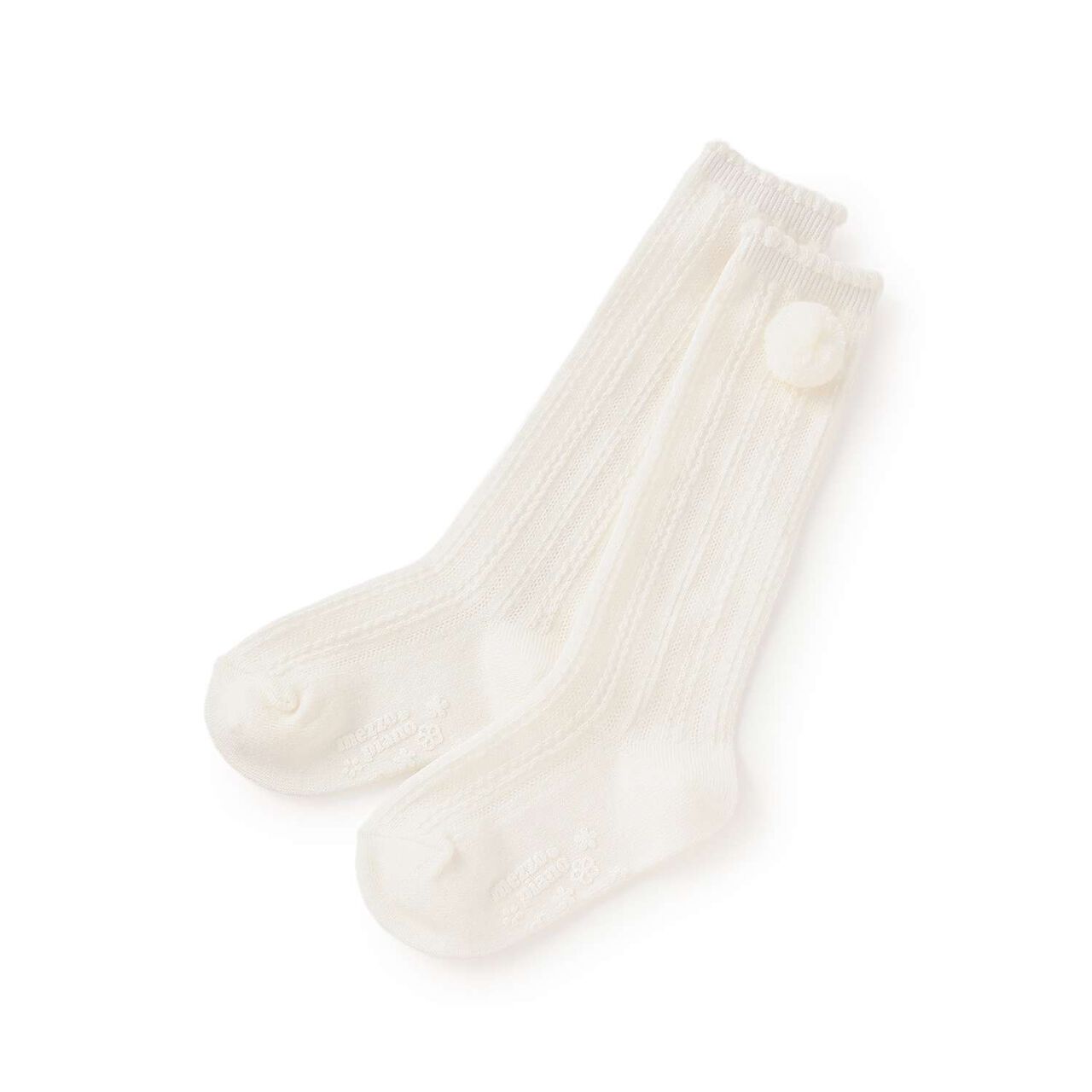 Cable Knit Knee-High Socks with Pom Poms,Off white, large image number 0