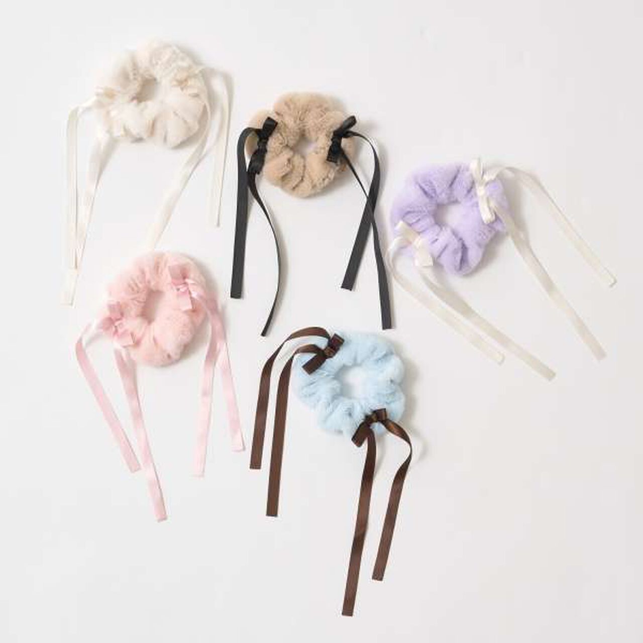 Ribbon-Trimmed Faux Fur Scrunchie,Blue gray, large image number 1