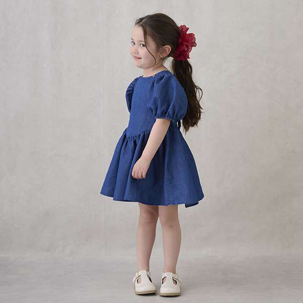 Puff Sleeve Peplum One-Piece Dress,Blue, large image number 1