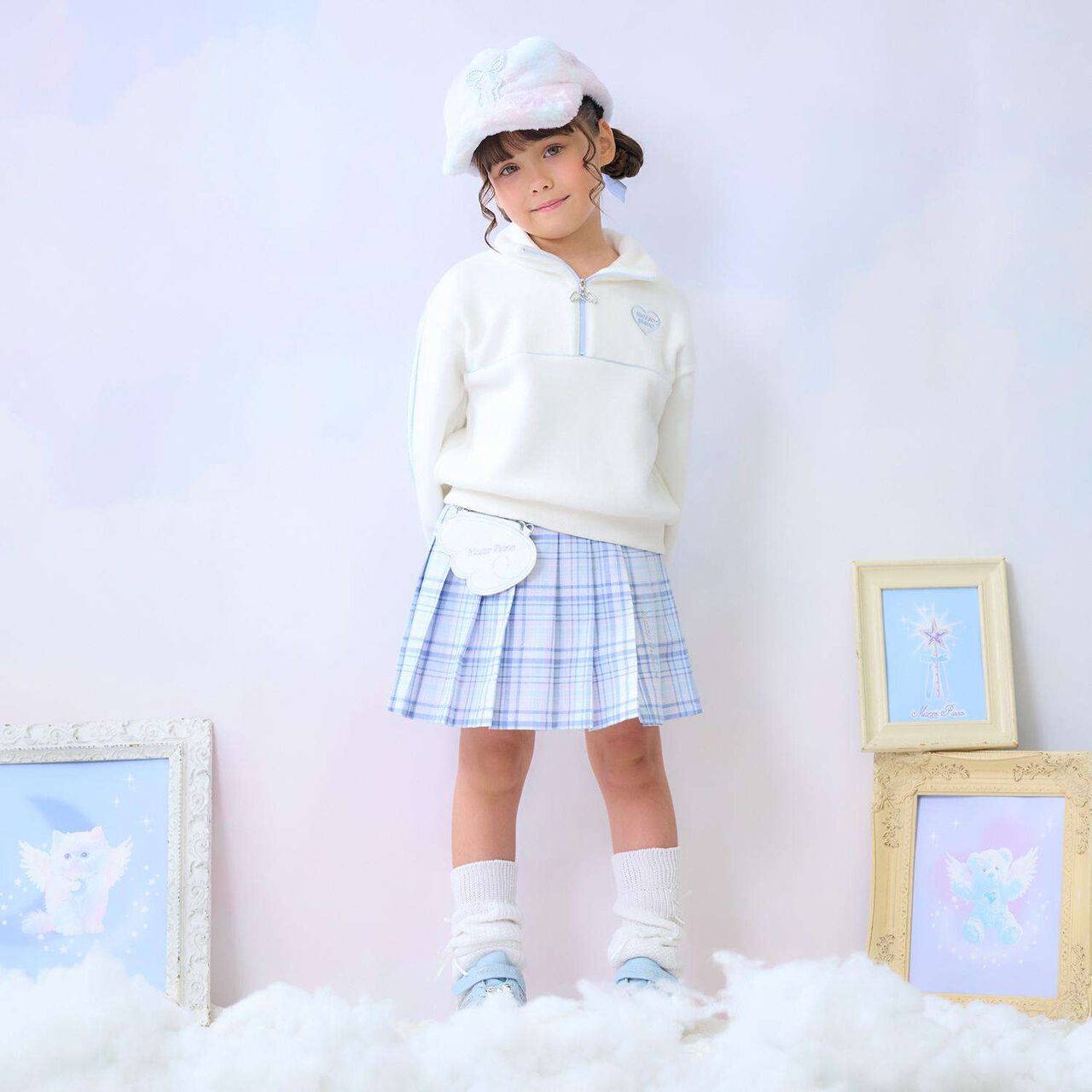 Angel Pouch Checkered Denim Pleated Skirt-Pants,Lavender, large image number 13