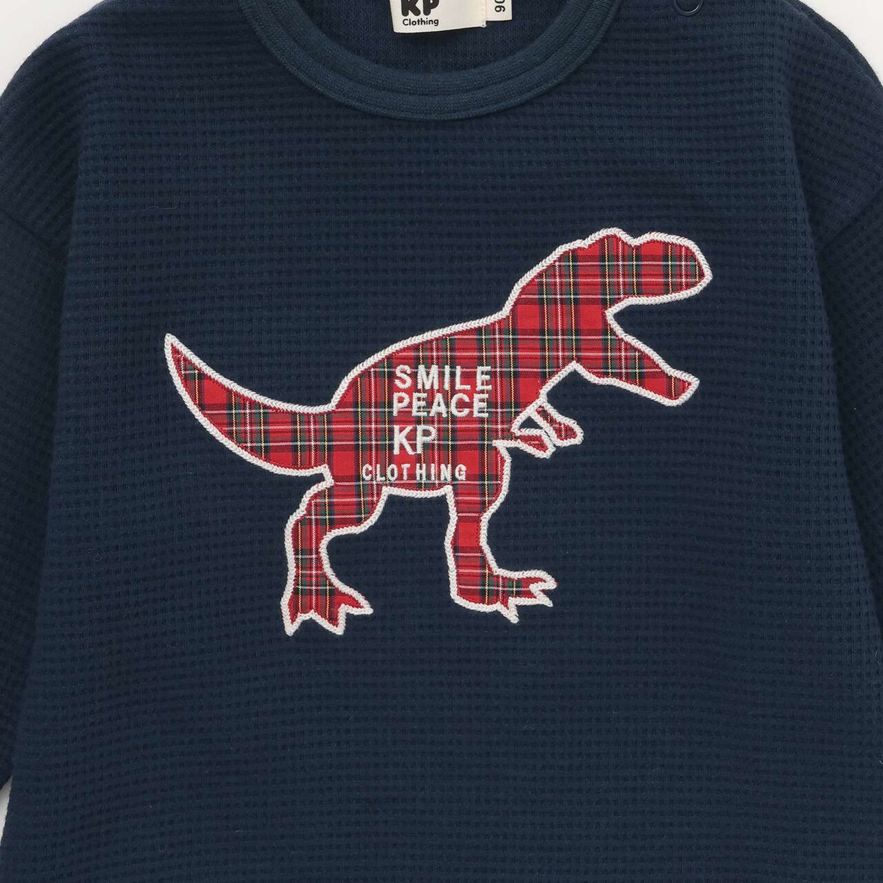 Checkered Dinosaur Appliqué Waffle Long-Sleeve T-Shirt,Navy, large image number 3