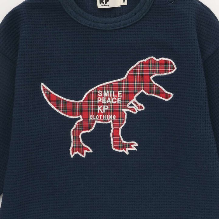 Checkered Dinosaur Appliqué Waffle Long-Sleeve T-Shirt,Navy, medium image number 3