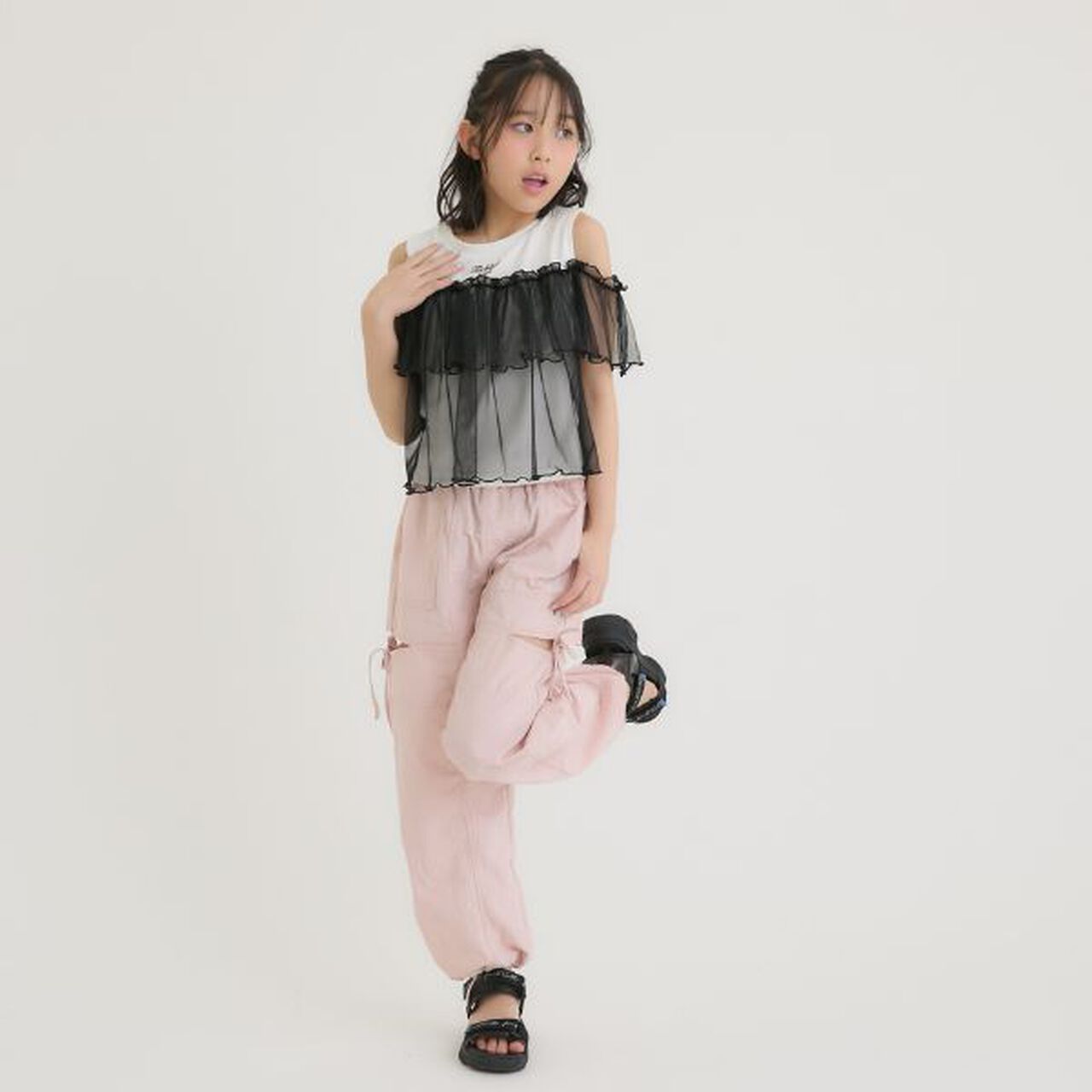 Sheer Fabric Combo Top,Black, large image number 13