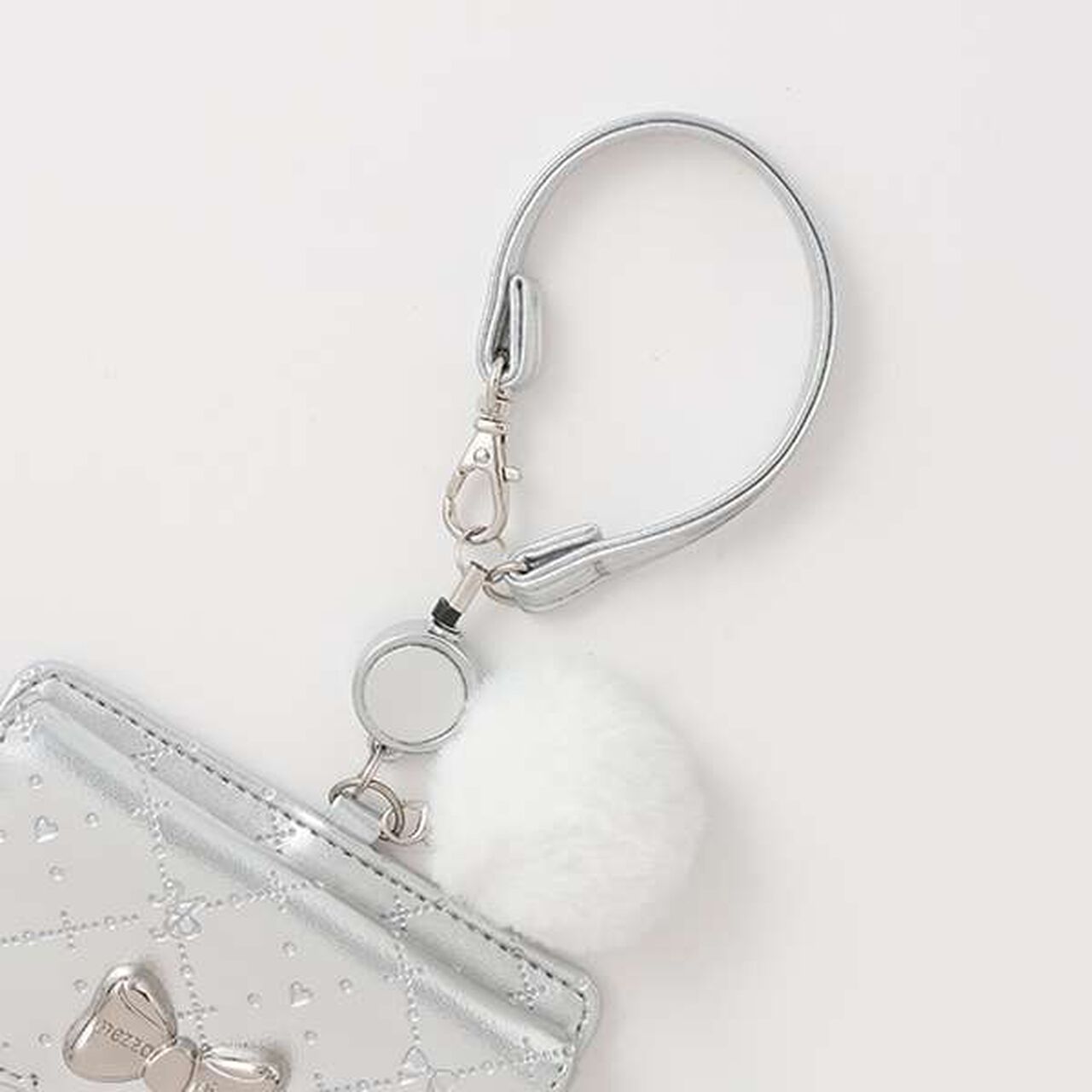 Monogram Pattern Embossed Card Holder with Pom-Pom,Silver, large image number 2