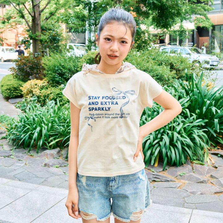 [LTXC/Cotton 100%] Ribbon Illustration Cropped Short-Sleeve T-Shirt in Black,Cream, medium image number 2