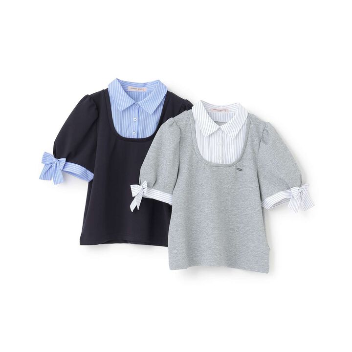 Sleeve Ribbon Fabric Docking T-Shirt,Navy, medium image number 6