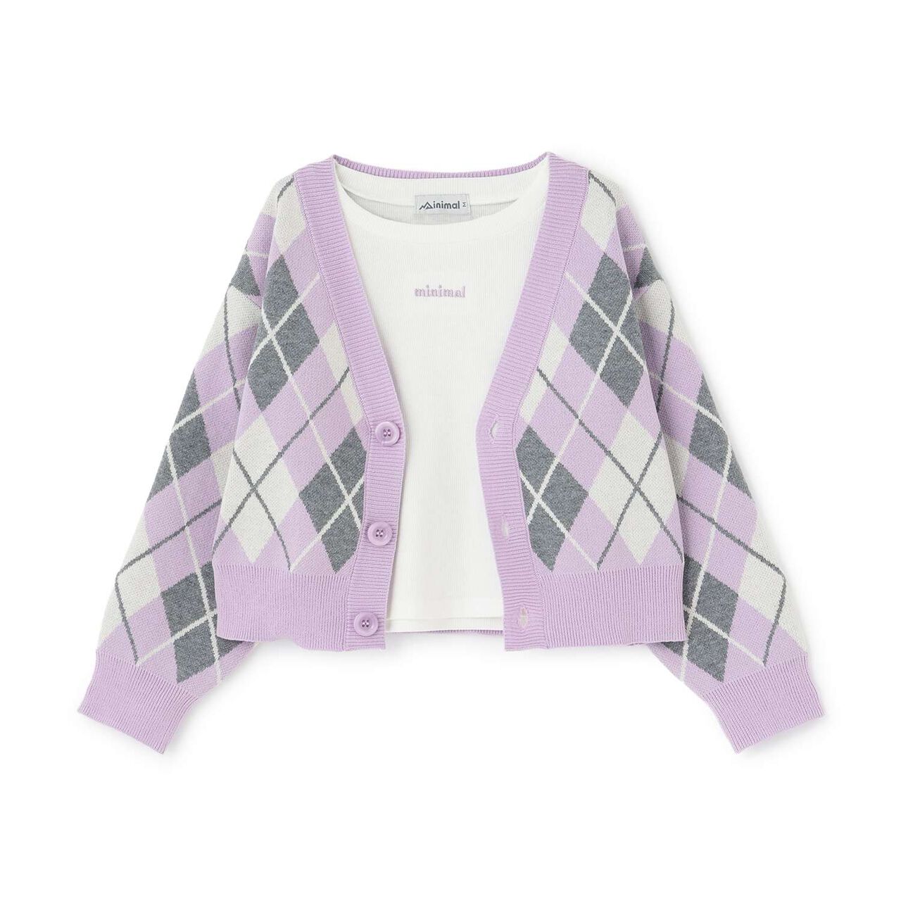 [Machine Washable] Argyle Cardigan with Inner Top,Lavender, large image number 0